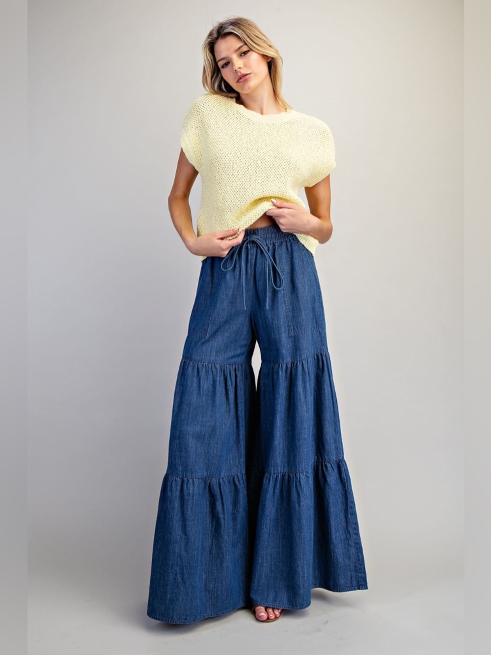 Tiered Ultra Wide Leg Mineral Washed Denim Palazzo Pants - eesome - Picture 7 of 10